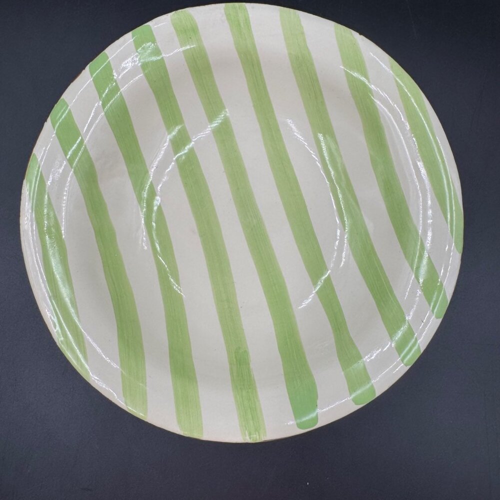 Rare Vintage Vietri Stoneware Salad Bowl Green Stripes Made In Italy